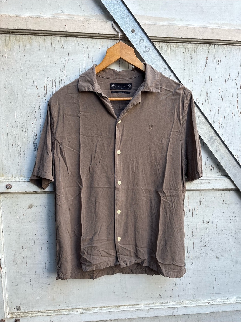 All Saints Men's Brown Loop Collar Short Sleeve Button-Up Viscose Shirt Size M